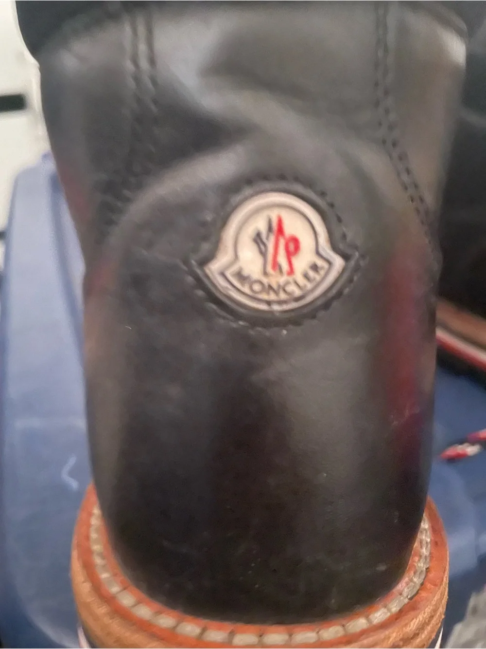 Moncler Black Leather Hiking Boot with Red White Blue Accent Laces